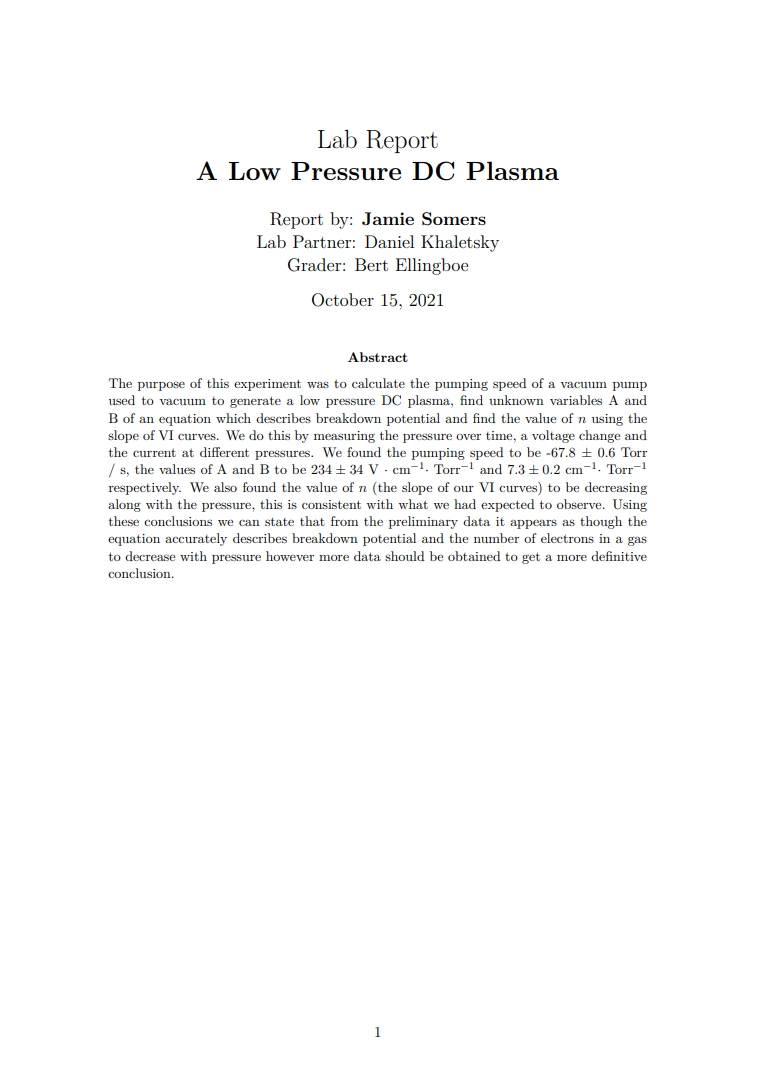 Thumbnail of Low Pressure DC Plasma Lab Report