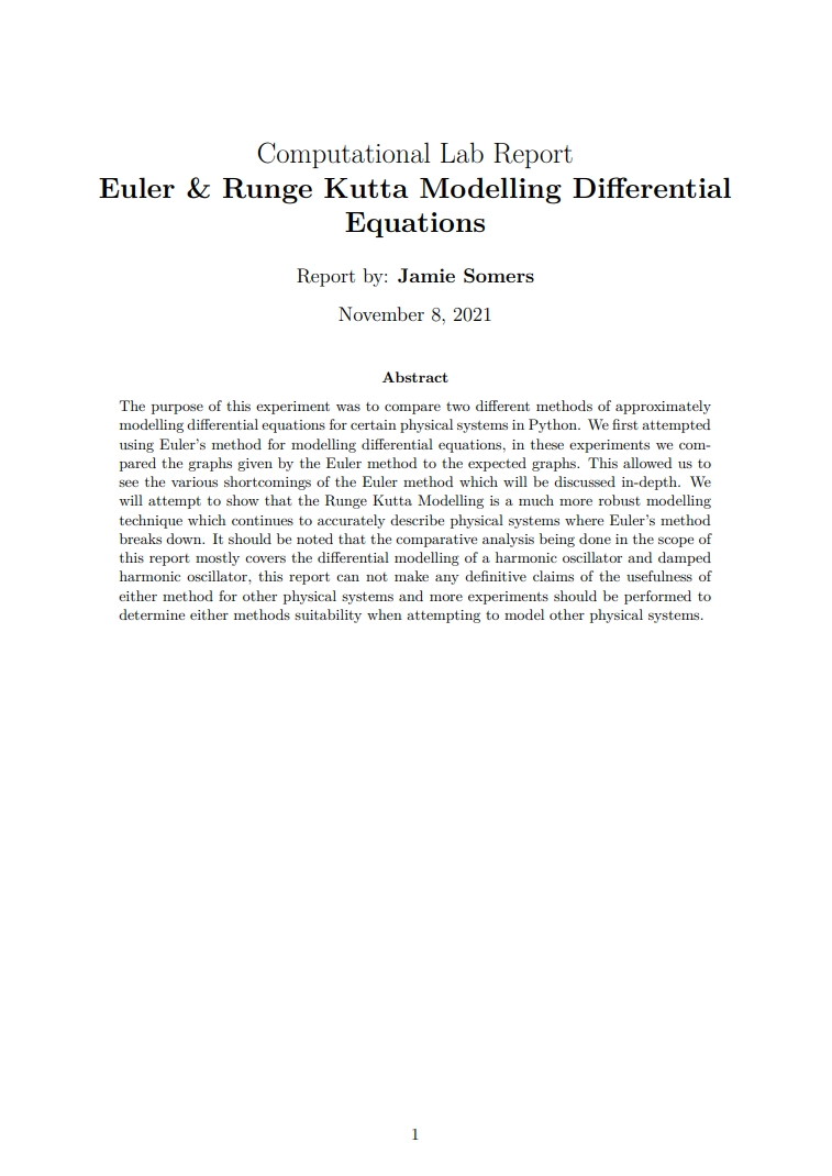 Thumbnail of Euler & Runge Kutta Lab Report