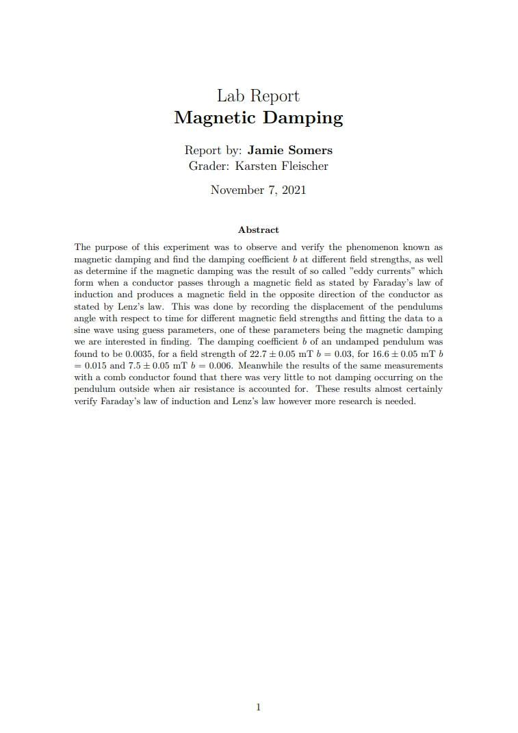 Thumbnail of Magnetic Damping Lab Report